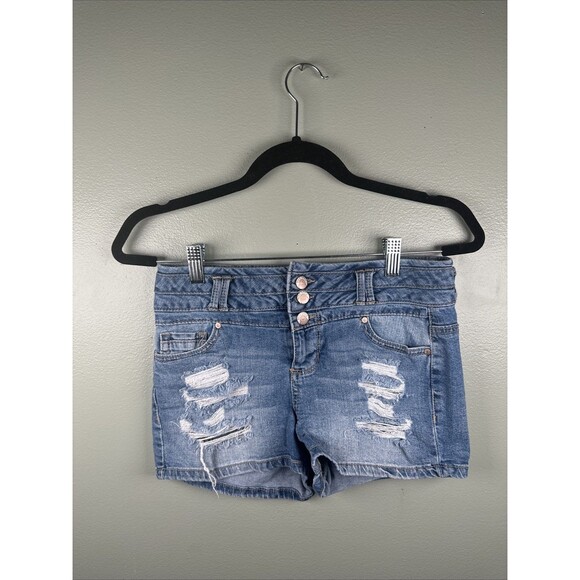 Blue Spice 3 Button Jean Shortie Distressed‎ Blue Juniors Sz 5/6 Booty Shorts - Picture 1 of 10